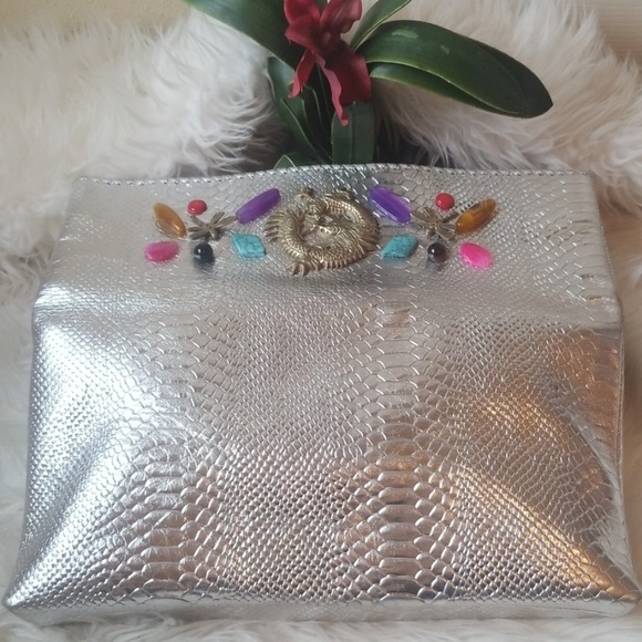 Silver Metallic Snakeskin Stamped Large Party Bag - Picture 4 of 8